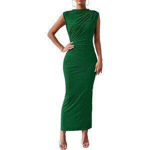 Women's Bright Green Ruched Bodycon Summer Casual Sleeveless Slit Elegant Maxi